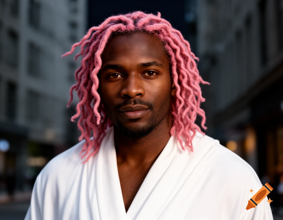 Close-up portrait of a dark-skinned man with pink freeform dreadlocks and a white robe, against a blurred city background.