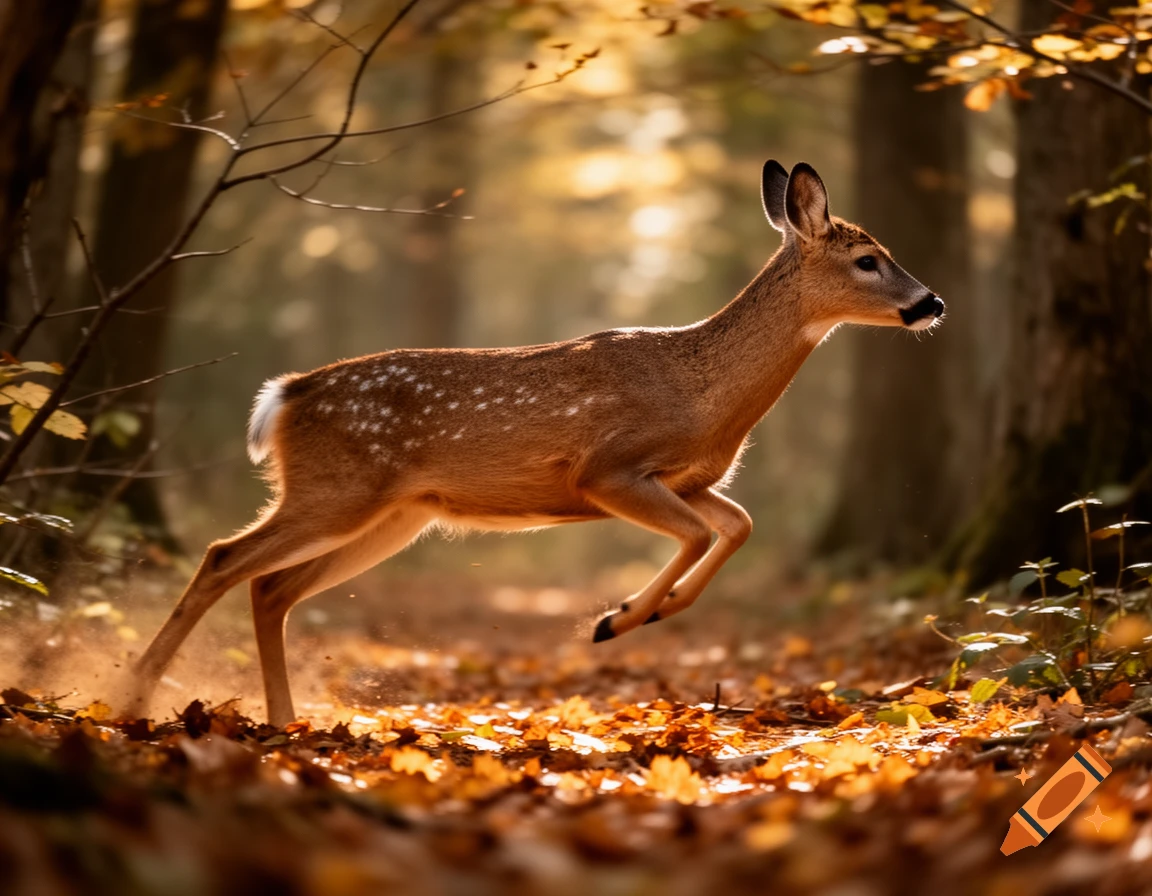 A dappled deer leaps through an autumn forest, kicking up dust among fallen orange leaves in golden sunlight.