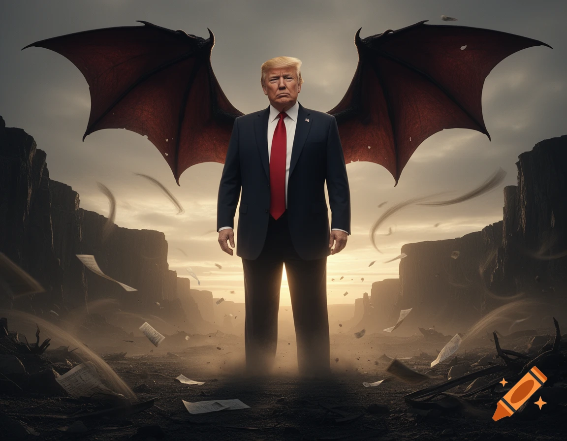 Donald Trump with large devil wings stands in a desolate, rocky landscape with papers swirling around him under a dramatic sky.
