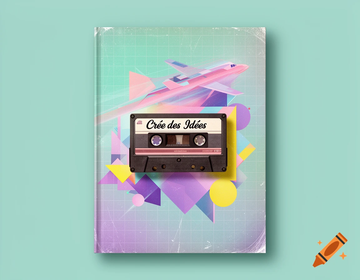 A retro-style book cover featuring a cassette tape, a pink airplane, and abstract geometric shapes against a grid background. The cassette label reads "Créé des Idées".