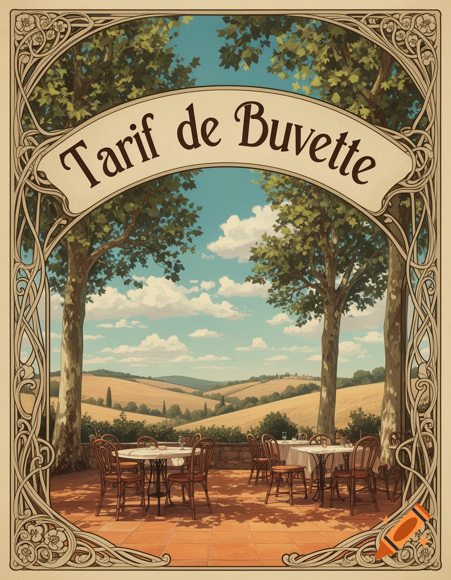 Art Nouveau poster of an outdoor cafe patio with tables and chairs, overlooking a scenic hilly landscape. Text reads 'Tarif de Buvette'.
