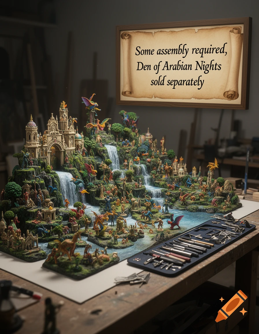 A highly detailed miniature fantasy diorama with castles, waterfalls, and many figures. Craft tools are on a workbench.
