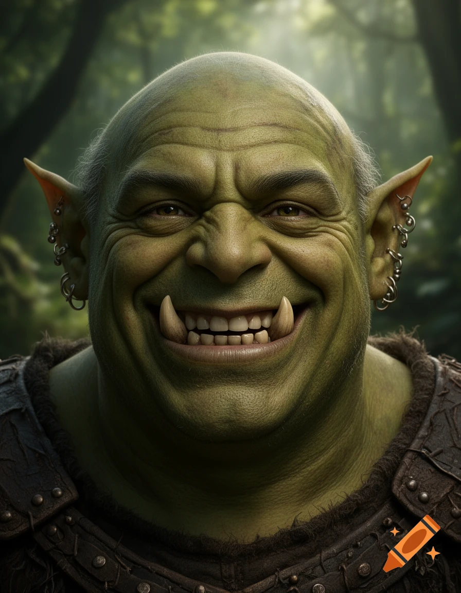 Photorealistic close-up portrait of a happy, green-skinned orc with tusks, pointy ears with multiple piercings, and a bald head, smiling broadly against a blurred forest background.
