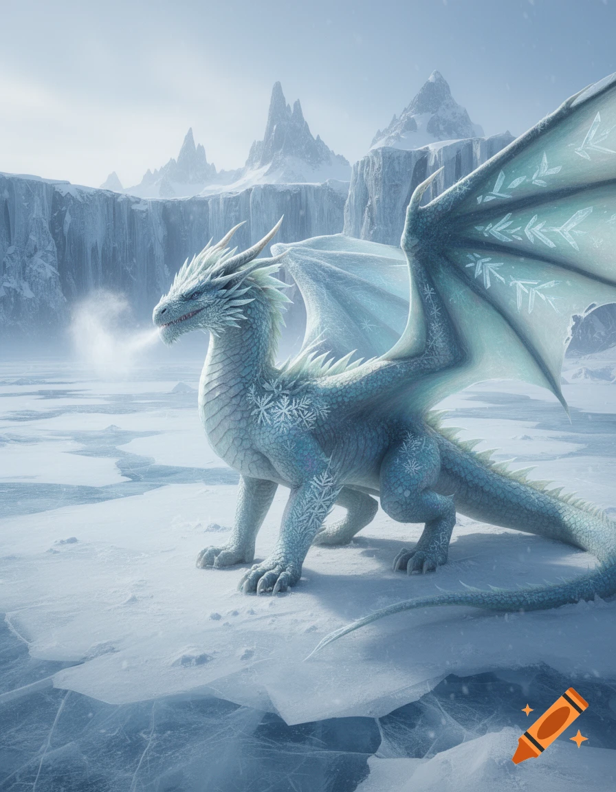 A majestic white ice dragon with snowflake patterns breathes frost in a frozen, mountainous landscape.