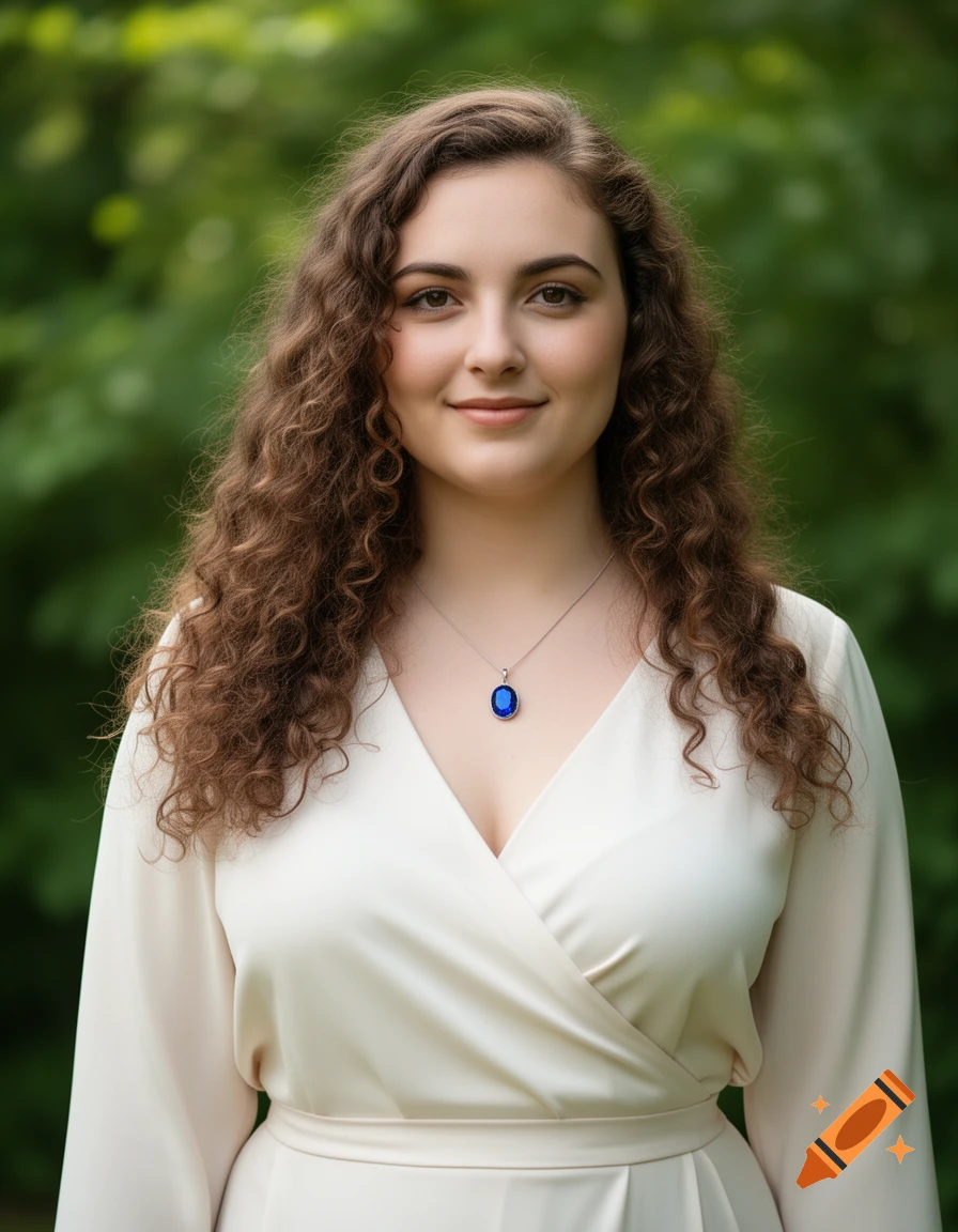 Young woman with long, curly brown hair, wearing a cream dress and a blue gemstone pendant, smiling in front of green foliage.