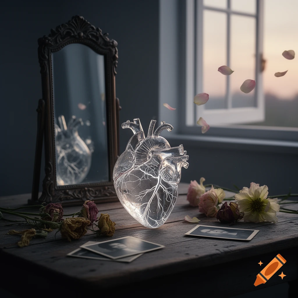 A glowing glass anatomical heart on an old wooden table with withered and fresh flowers, old photos, a mirror, and rose petals floating from an open window, in a melancholic, hyperrealistic style.