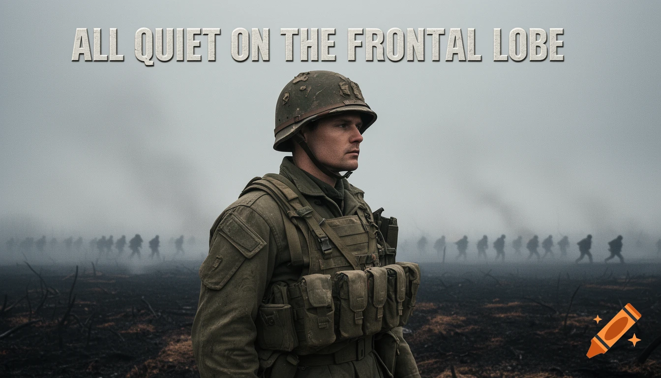 Photorealistic image of a soldier in a helmet and uniform, standing in a foggy, war-torn landscape with distant soldiers. Title: ALL QUIET ON THE FRONTAL LOBE.
