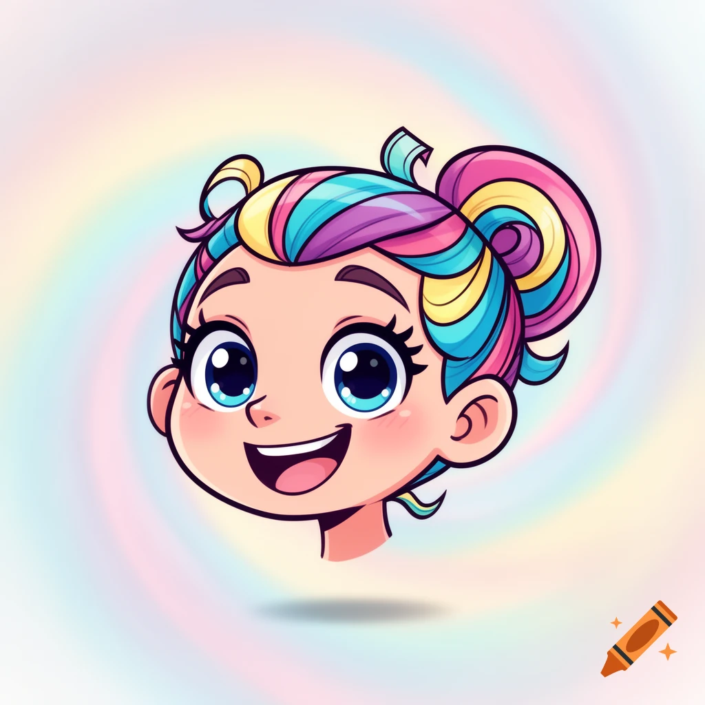 A smiling cartoon girl's head with big blue eyes and colorful, rainbow-striped hair, against a soft pastel swirl background.