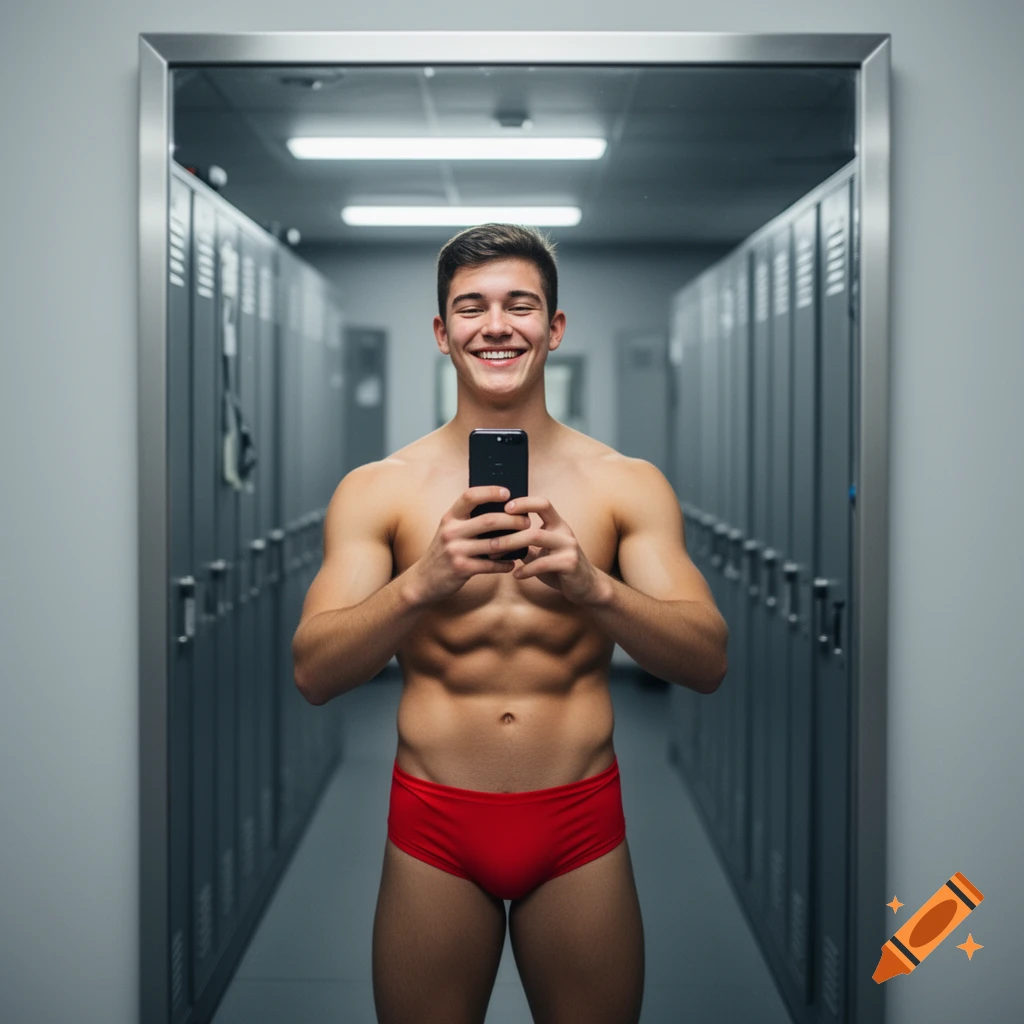A smiling, muscular man in red briefs takes a photorealistic selfie in a gym locker room mirror.