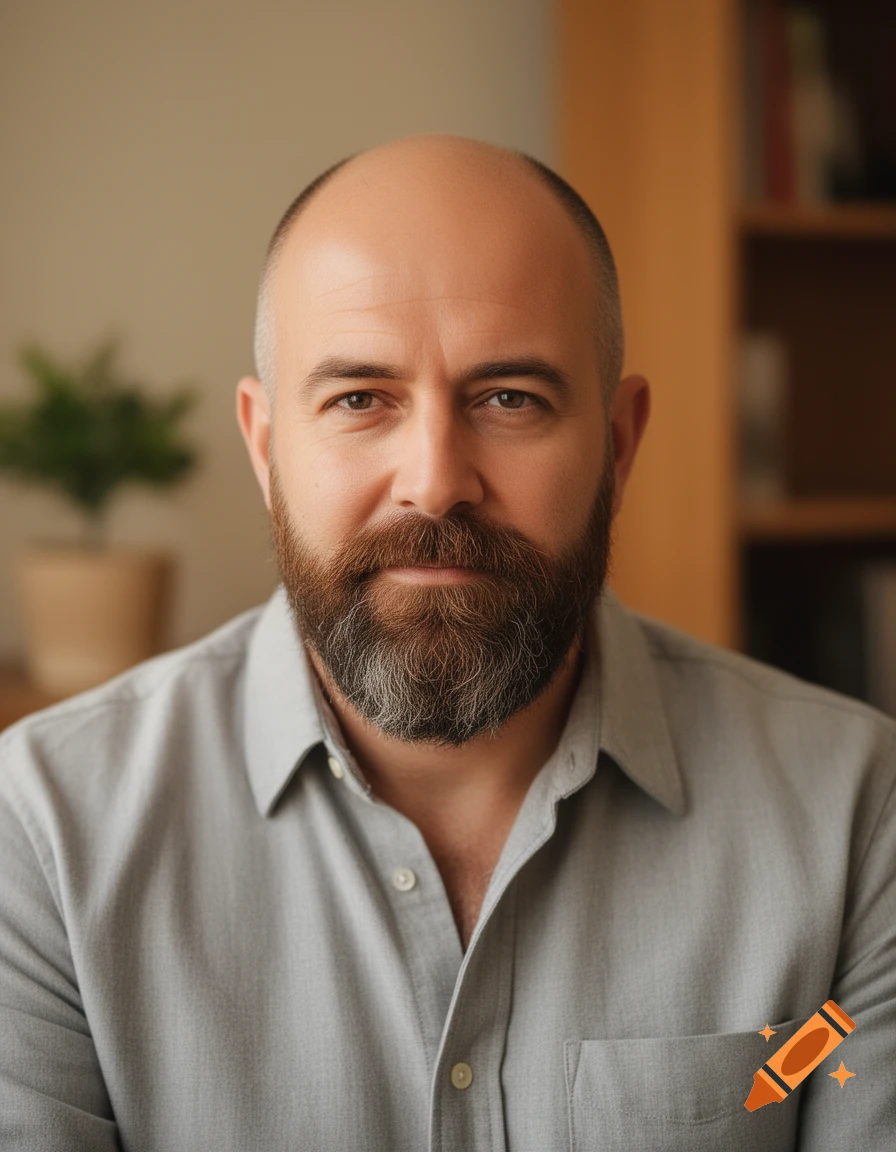 Close-up photorealistic portrait of a bald man with a full brown and grey beard, wearing a light grey shirt.