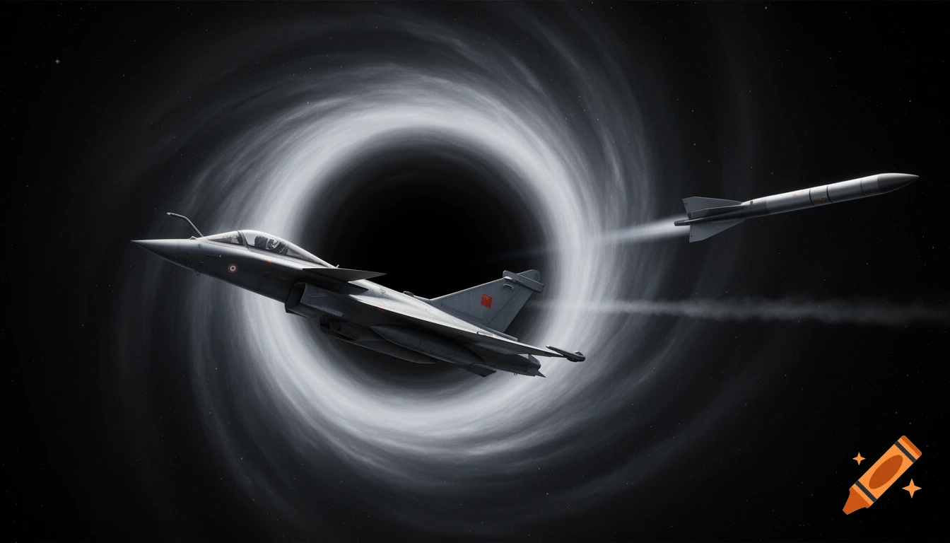 A grey Rafale warplane and a missile fly towards a swirling black hole in a dark, star-filled space. The black hole emits a white, spiraling aura.