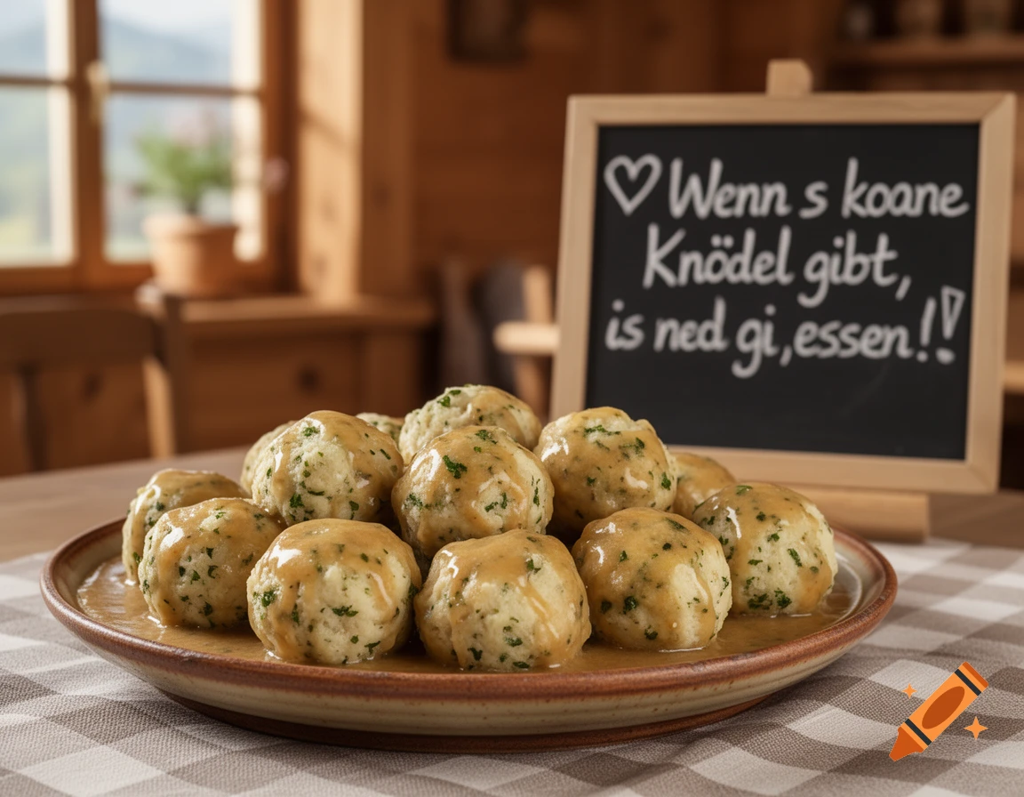 Photorealistic image of a plate of saucy dumplings on a checkered tablecloth, with a chalkboard sign in the background.