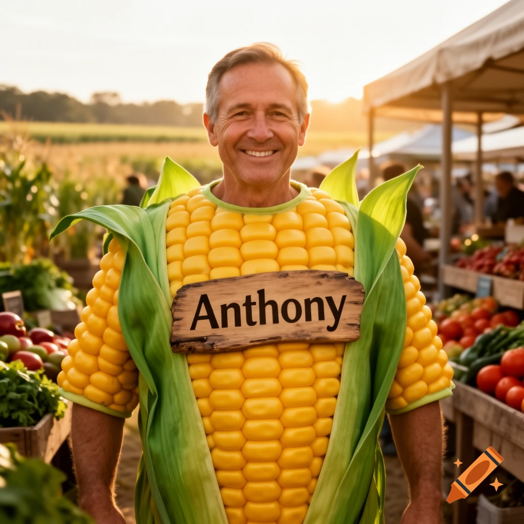 A smiling man in a realistic corn on the cob costume with an 'Anthony' name tag stands at an outdoor market.