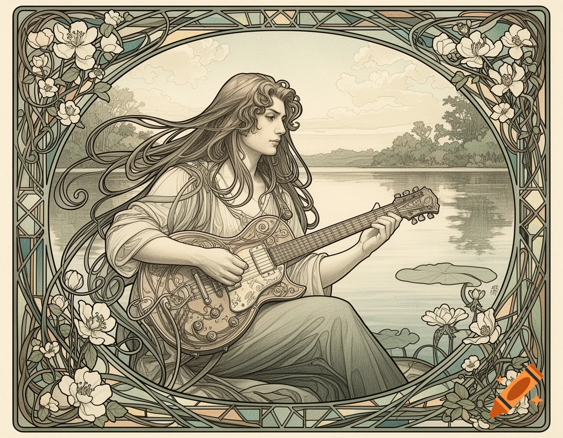 An Alphonse Mucha-inspired illustration of a woman with long flowy hair playing an electric guitar by a lake, framed by a decorative floral border.