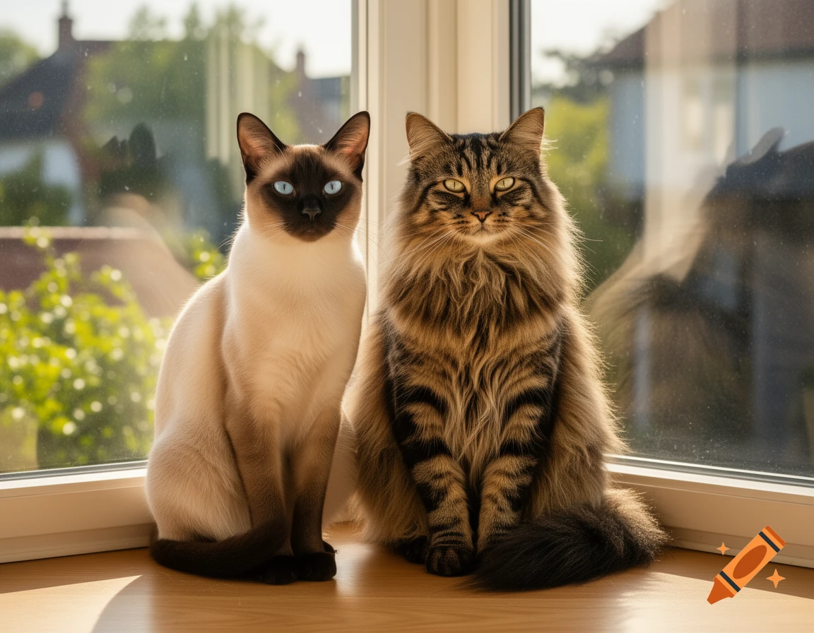 A Siamese cat with blue eyes and a long-haired tabby cat with green eyes sit side-by-side on a wooden windowsill, bathed in sunlight.