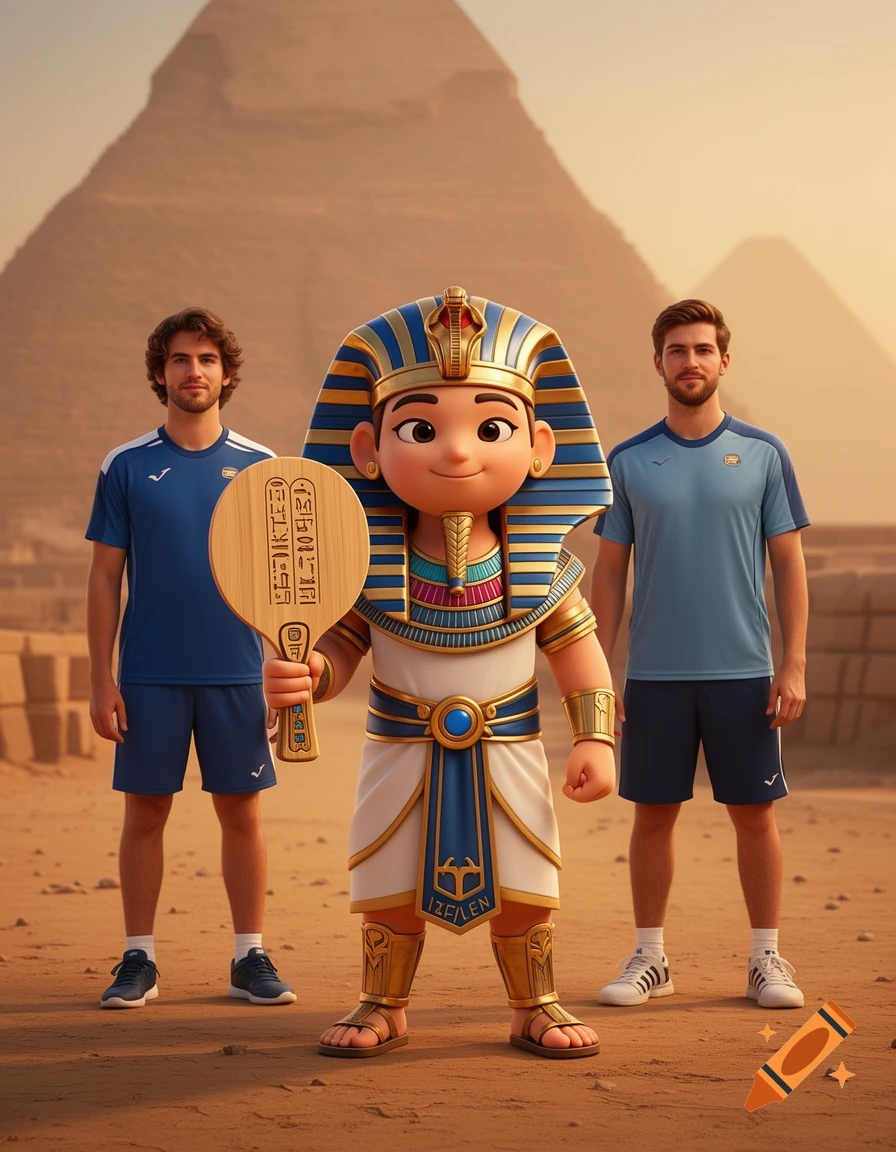 A cartoon pharaoh holding a ping-pong paddle stands between two men in sportswear in a desert with pyramids.
