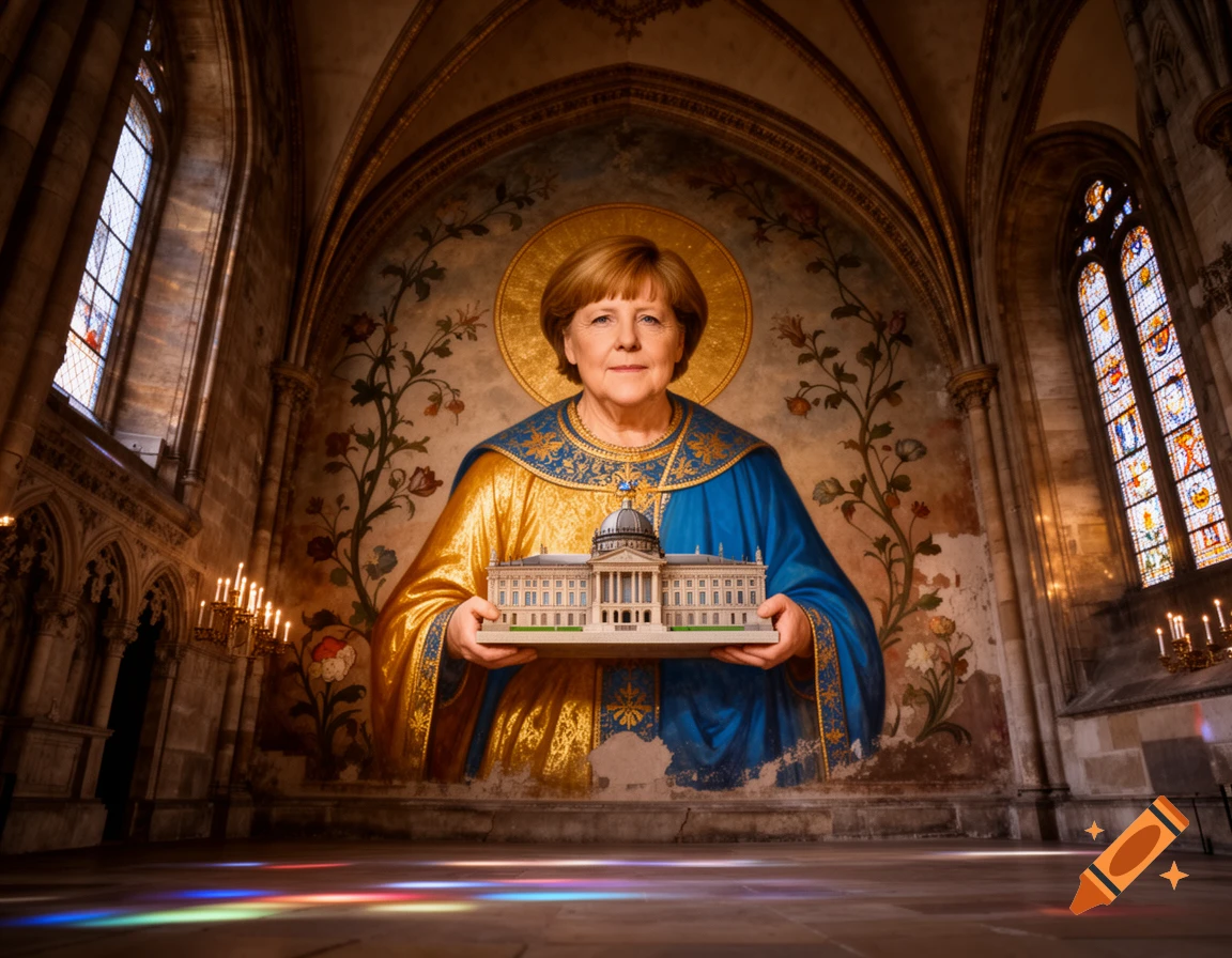Angela Merkel depicted as an Orthodox saint in a wall mural inside a grand church, holding a model of the Bundestag.