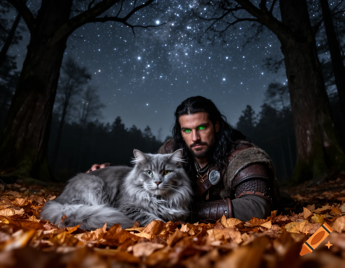 A long-haired man with glowing green eyes, dressed in Viking-like attire, lies among autumn leaves with a fluffy gray cat under a starry night sky in a forest.