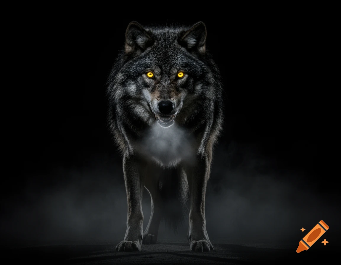 A fierce dark grey wolf-like dog with glowing yellow eyes snarls from a smoky dark background.