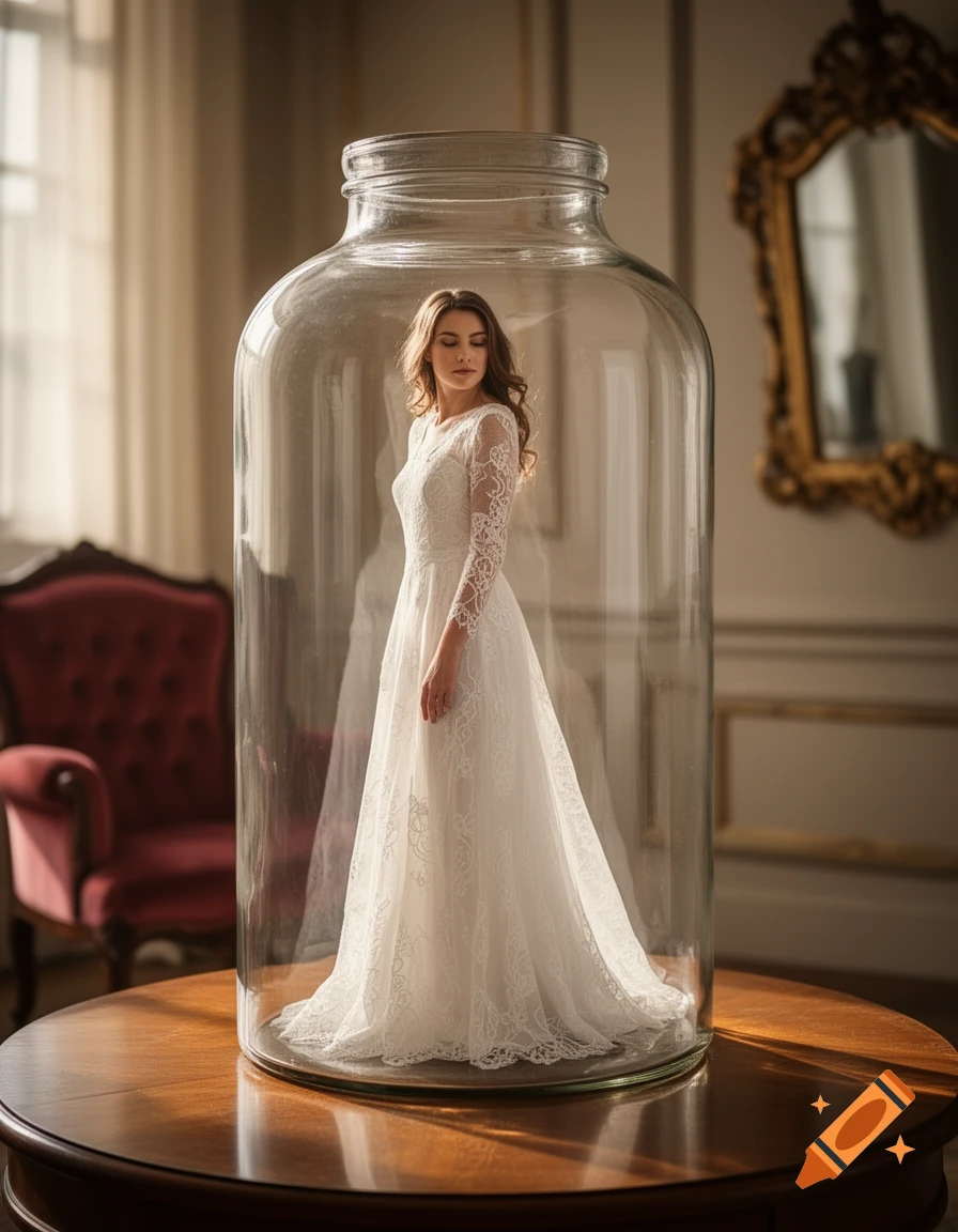 A woman in a white lace wedding dress stands inside a large glass jar on a polished wooden table in a sunlit, elegant room.