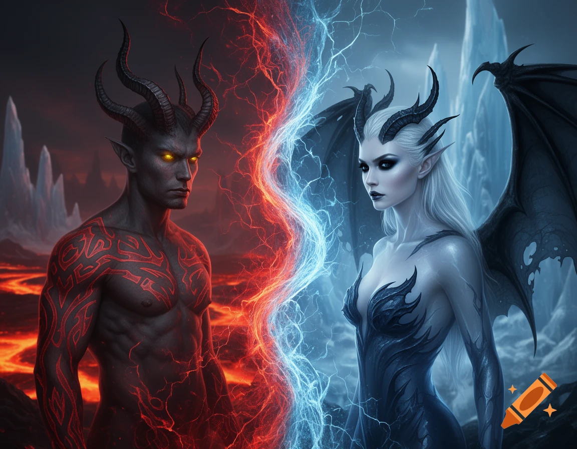A male demon with horns and red markings on a fiery landscape faces a white-haired female demon with wings on an icy landscape, split by energy.