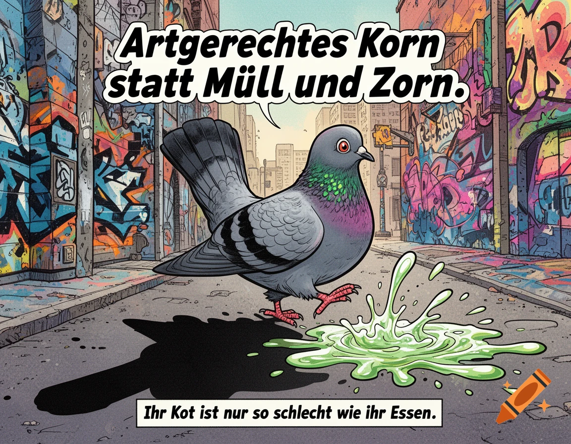 A comic-style pigeon stands on a graffiti-covered city street, leaving a green and white bird dropping splatter. Speech bubbles contain German text.