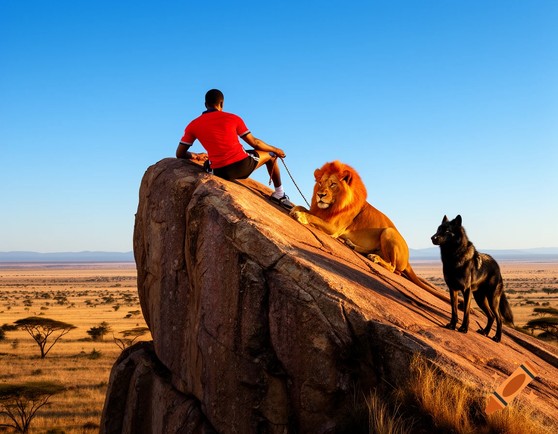 A man in a red shirt sits on a large rock overlooking a savannah, holding a chain leash attached to a lion and a black wolf beside him under a clear blue sky.