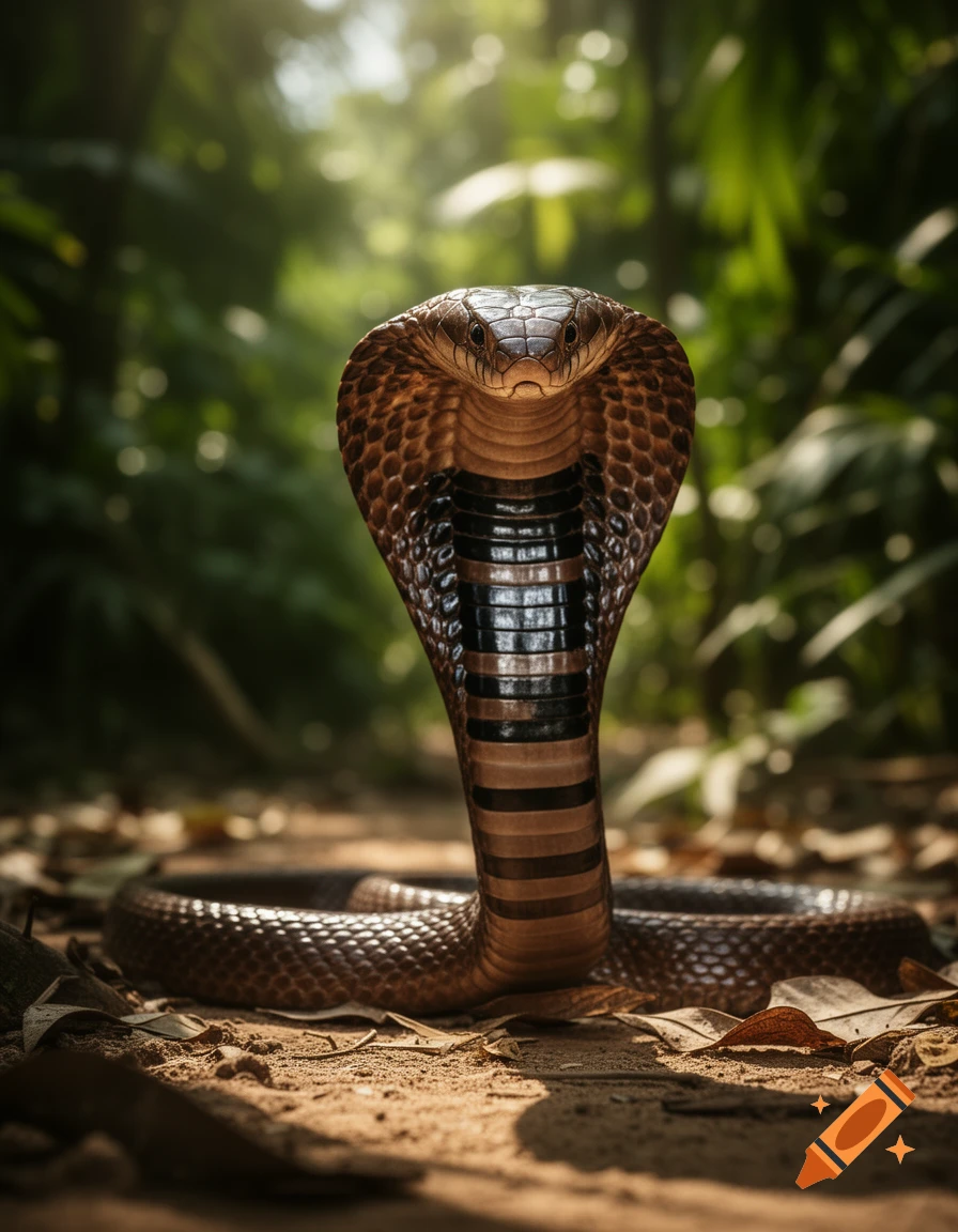 A photorealistic close-up of a brown cobra with its hood spread, poised to strike in a lush jungle setting.