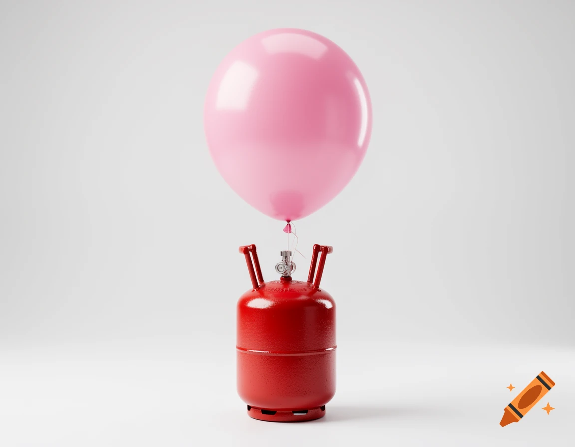 A glossy pink balloon is tied to a shiny red helium tank on a white background.