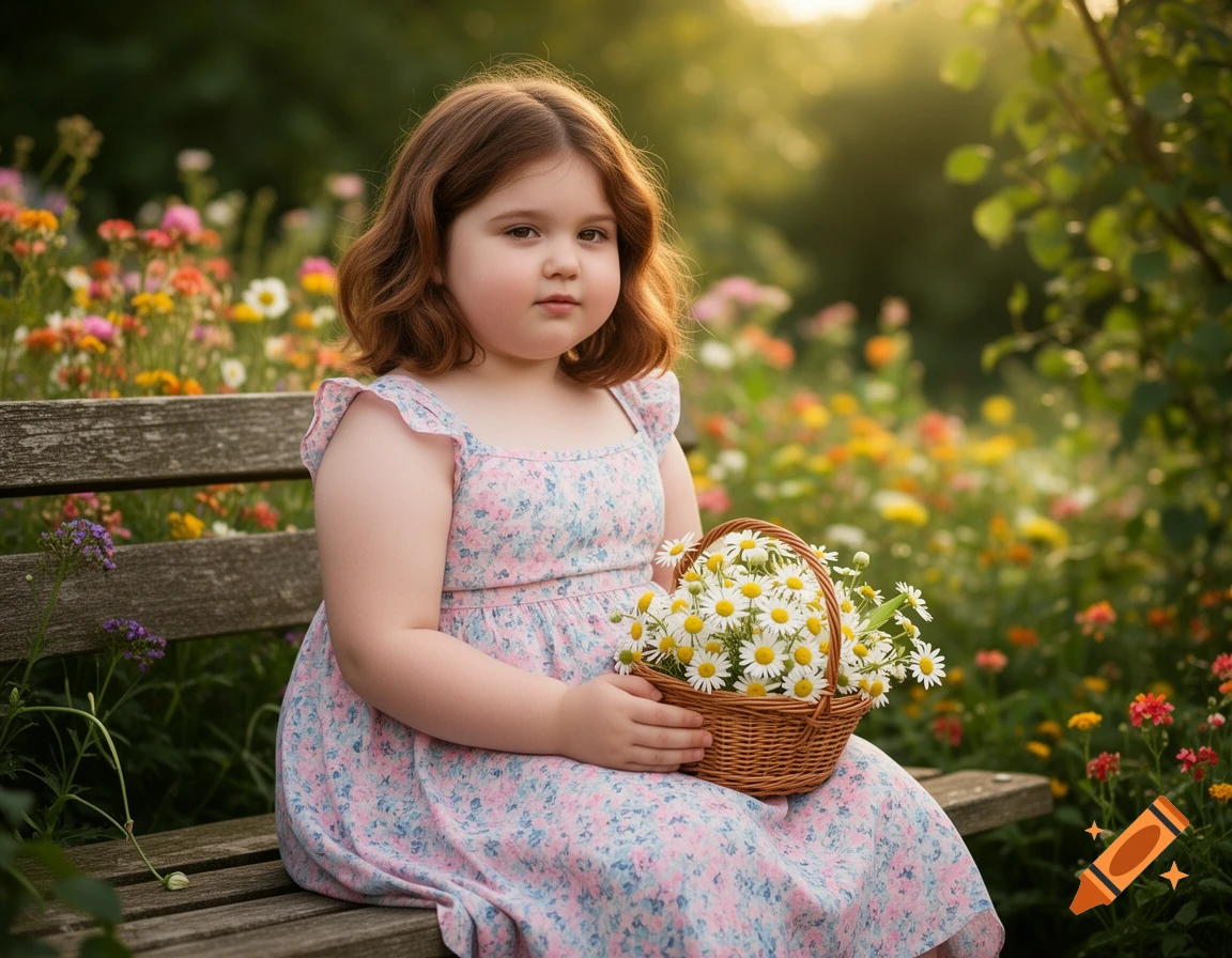 A young girl sits on a wooden bench, holding a basket of daisies in a sunny garden filled with colorful flowers.