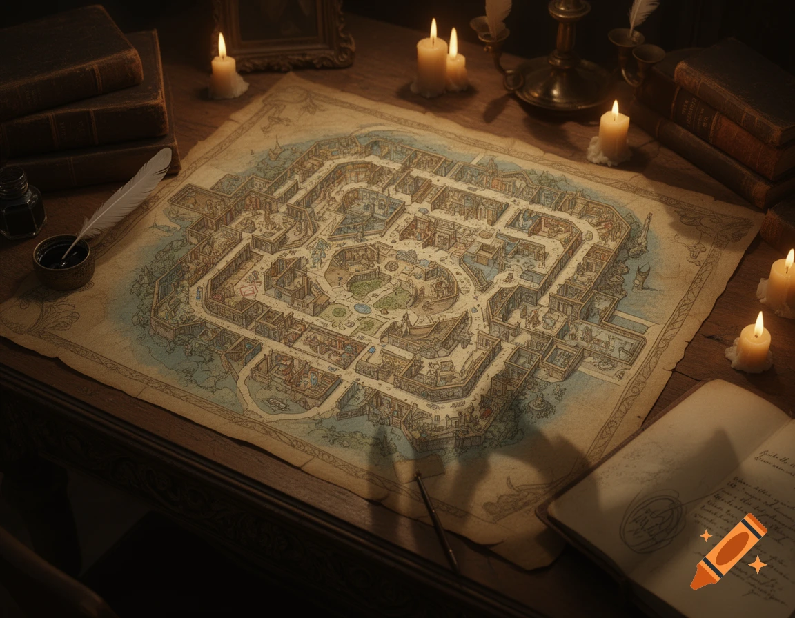 A detailed, illuminated fantasy map of a walled city laid out on a wooden desk with lit candles, old books, a quill, and an inkwell.