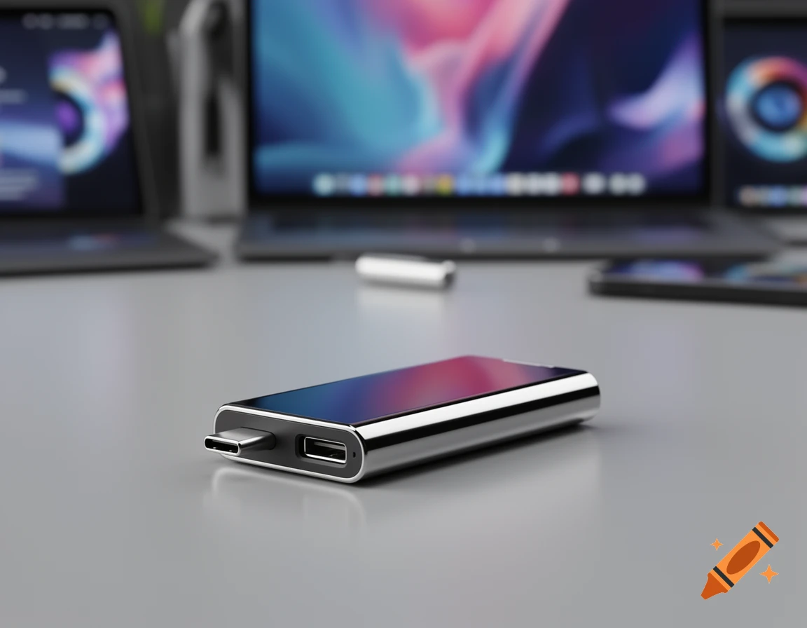 Close-up of a silver USB-C hub/external SSD with a USB-C and USB-A port on a desk, with blurred laptops in the background.
