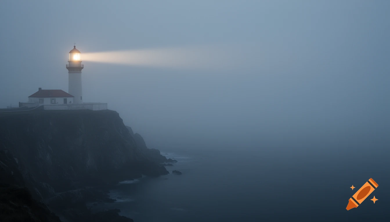 A solitary white lighthouse with a warm beam cutting through thick coastal fog over a dark, calm ocean, atop a rugged cliff.