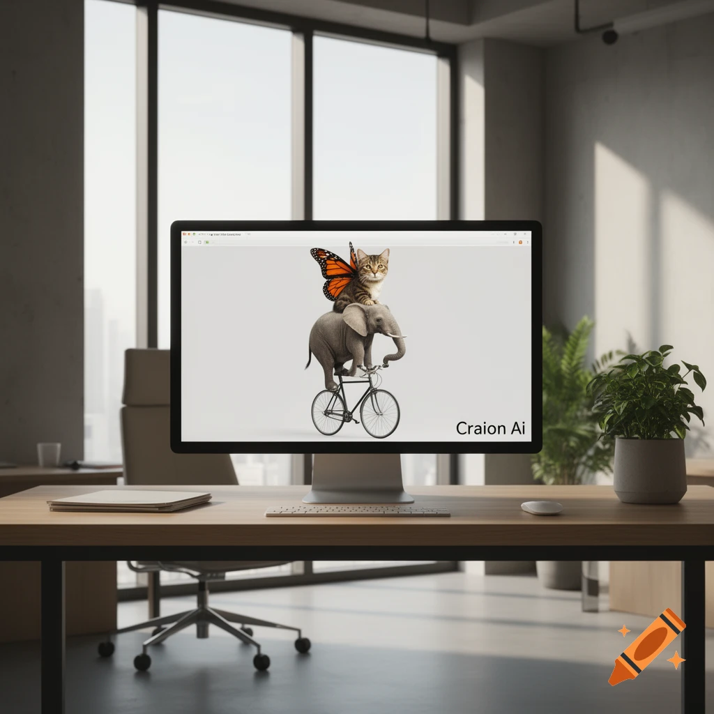 Photorealistic image of an office desk with a monitor displaying a cat with butterfly wings riding an elephant on a bicycle.