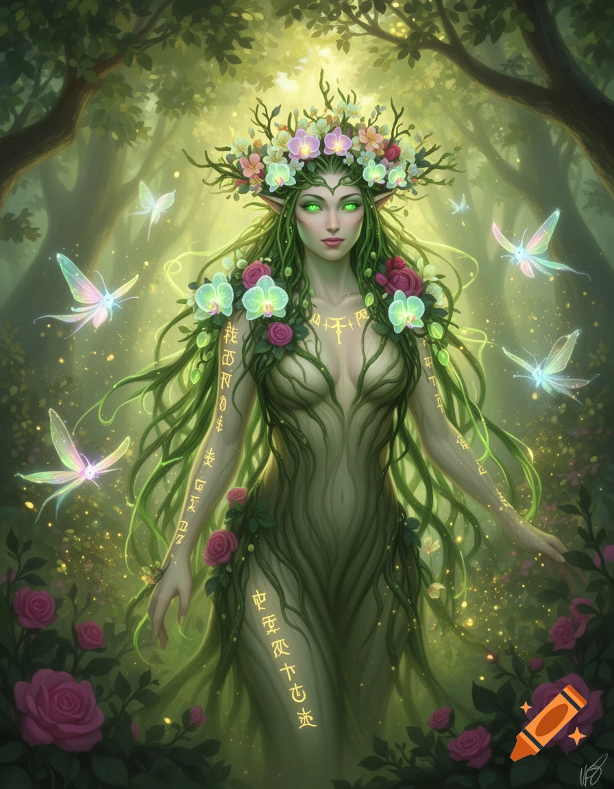Beautiful Dryad with glowing eyes, vine hair, and bark skin, adorned with flowers and glowing runes, in a magical forest with butterflies.