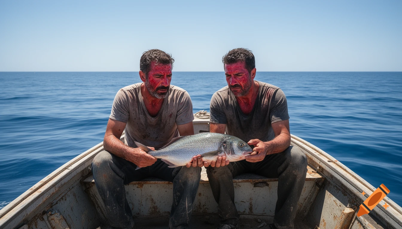 Two men with red stained faces and shirts sit in a small boat on a vast blue ocean, holding a large fish.