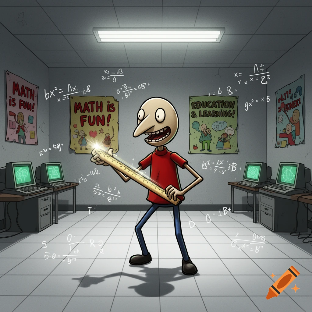 A cartoon character resembling Baldi with a long nose, red shirt, and blue pants holds a glowing ruler in a classroom full of computers and math posters. Mathematical equations float around him.