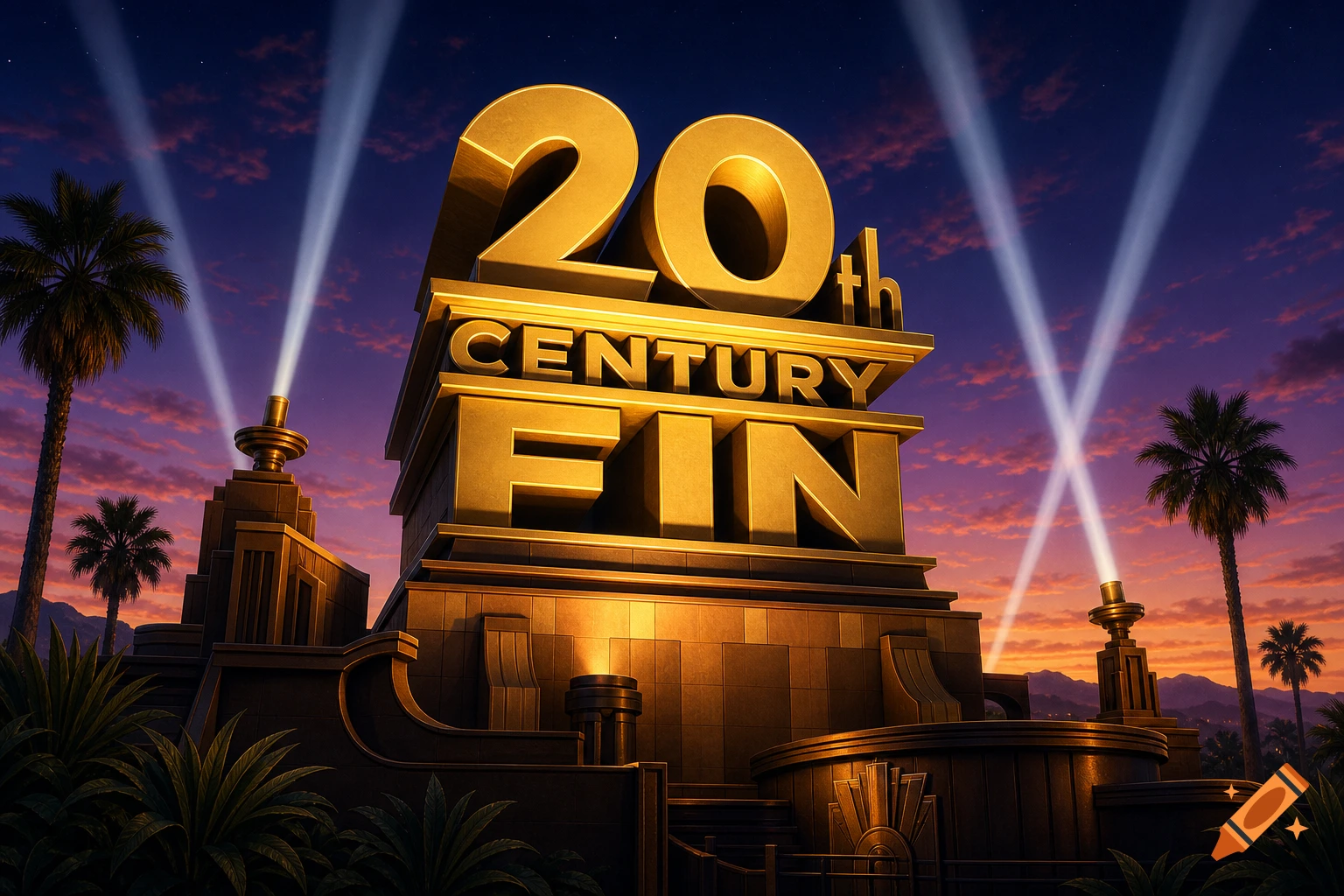 A golden 20th Century Fox-like logo with 'FIN' replacing 'FOX' against a dramatic sunset sky with searchlights and palm trees.
