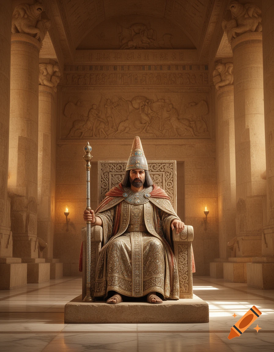 A majestic king in ornate robes and a conical crown sits on a stone throne in a grand, pillared hall with ancient reliefs.