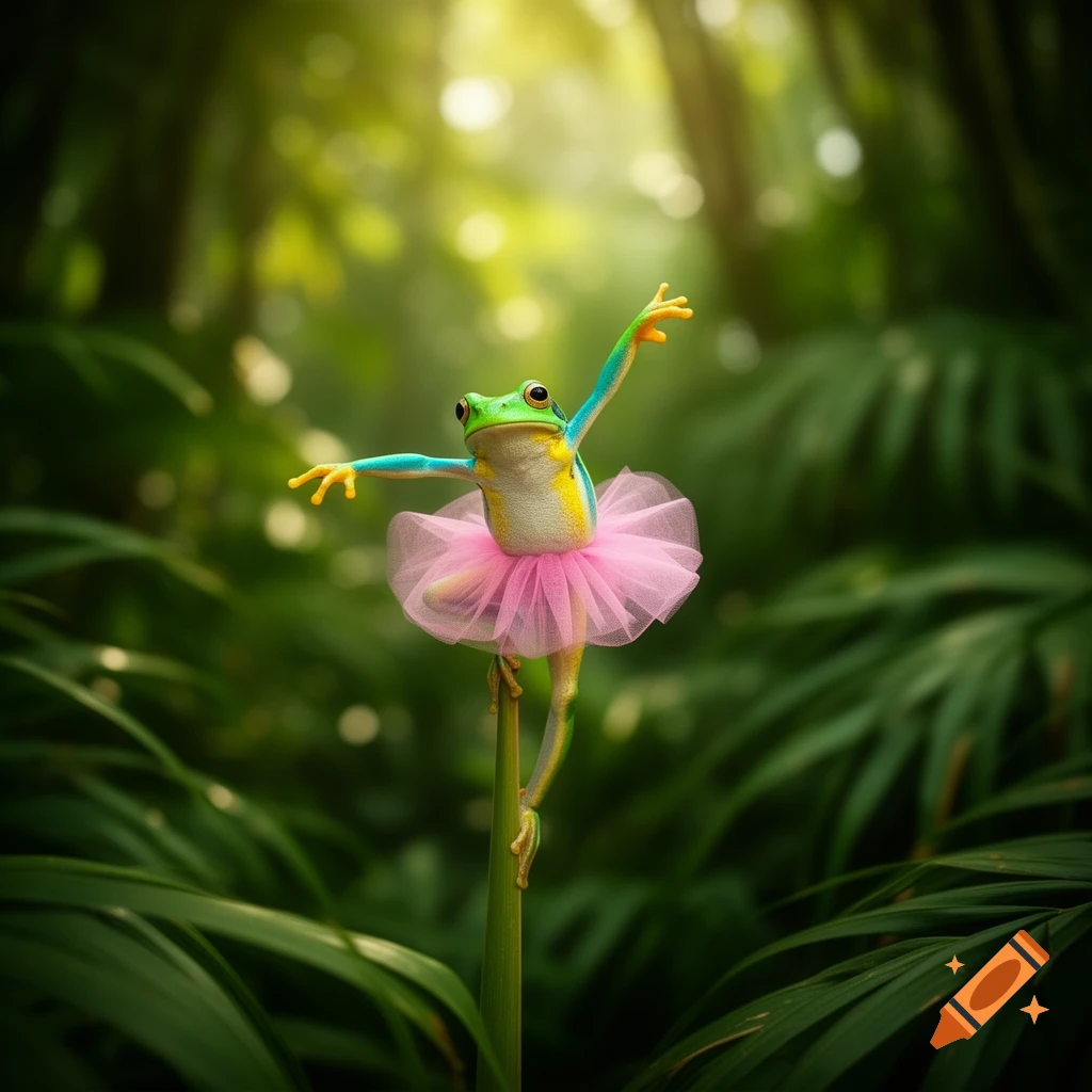 A colorful tree frog wearing a pink tutu stands en pointe on a plant stem in a lush, sunlit jungle.