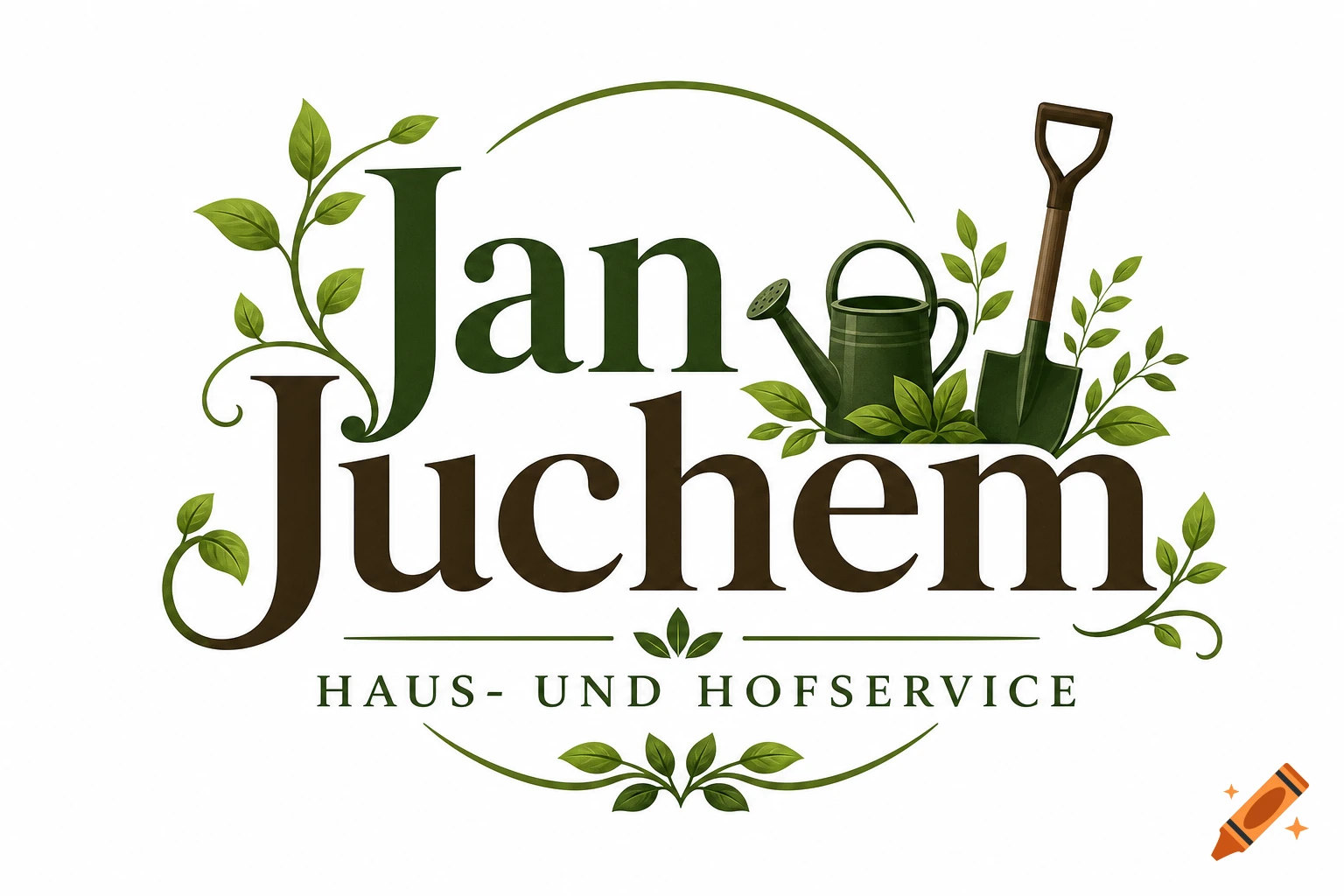 A logo for Jan Juchem Haus- und Hofservice, featuring the name in green and brown stylized text, surrounded by green leaves, a dark green watering can, and a shovel, all on a white background.