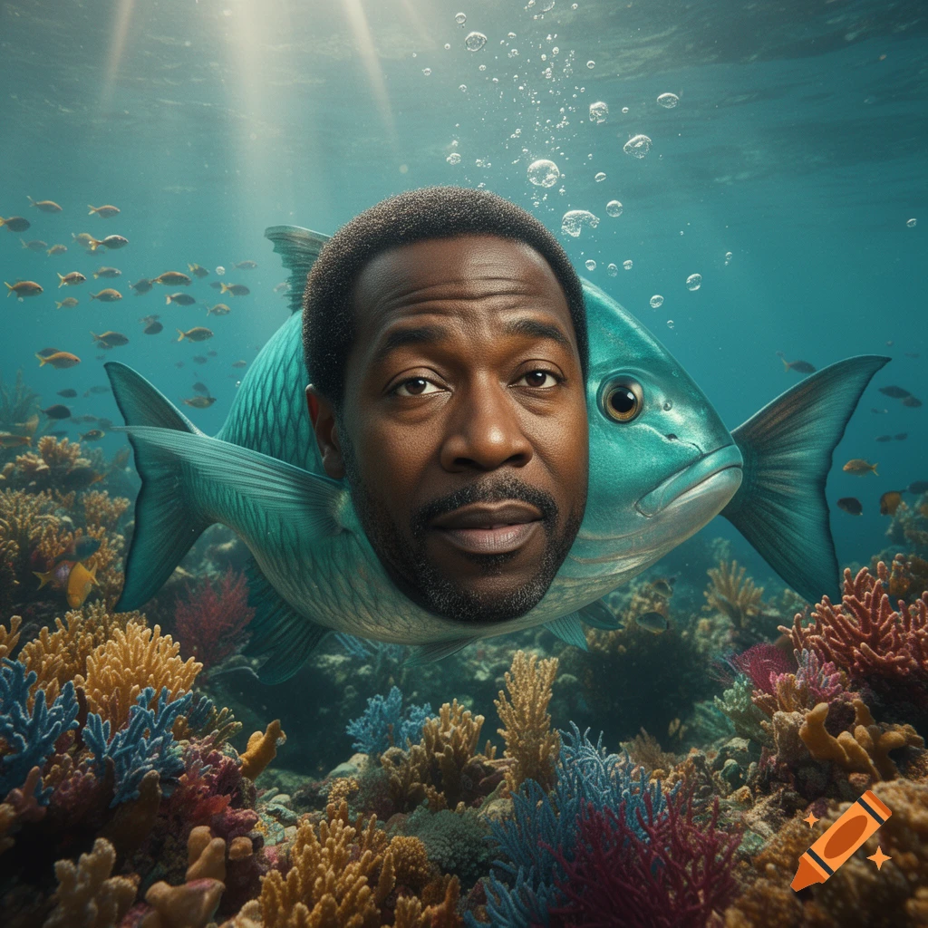 A man's head merged with the body of a blue fish, swimming in a vibrant coral reef with other fish and sunlight.