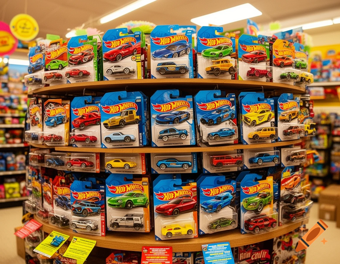 A retail display of numerous Hot Wheels toy cars in their packaging on a round, tiered wooden shelf in a store aisle.