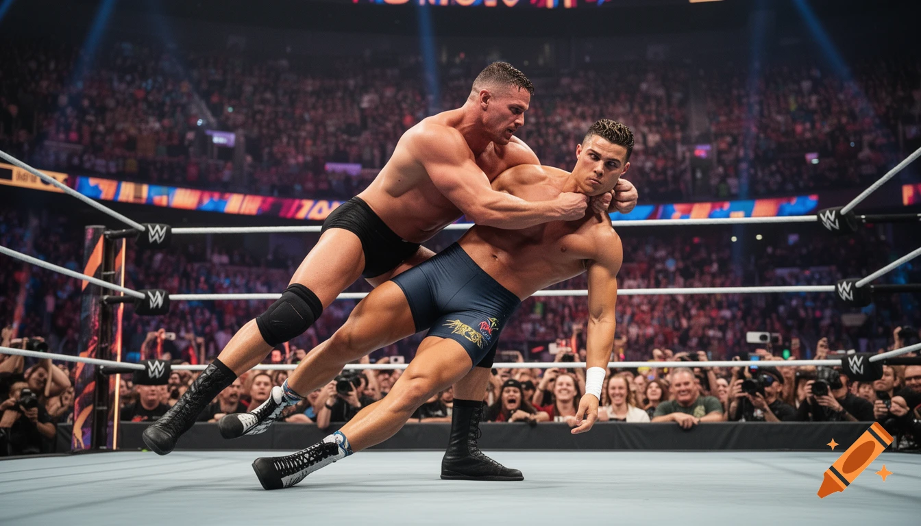 Two muscular men wrestling in a WWE ring. One man, resembling Cristiano Ronaldo, is held in a headlock by another wrestler as a crowd watches.