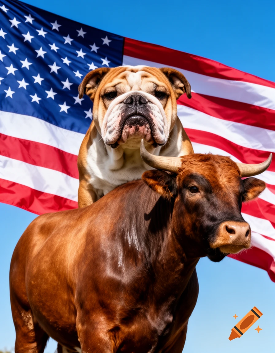 A photorealistic image of a bulldog's head on a bull's body, standing in front of a waving American flag against a blue sky.