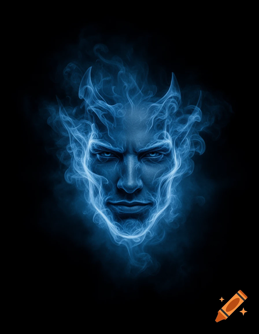 A menacing face with horns, formed from swirling blue smoke, against a black background. Digital art.