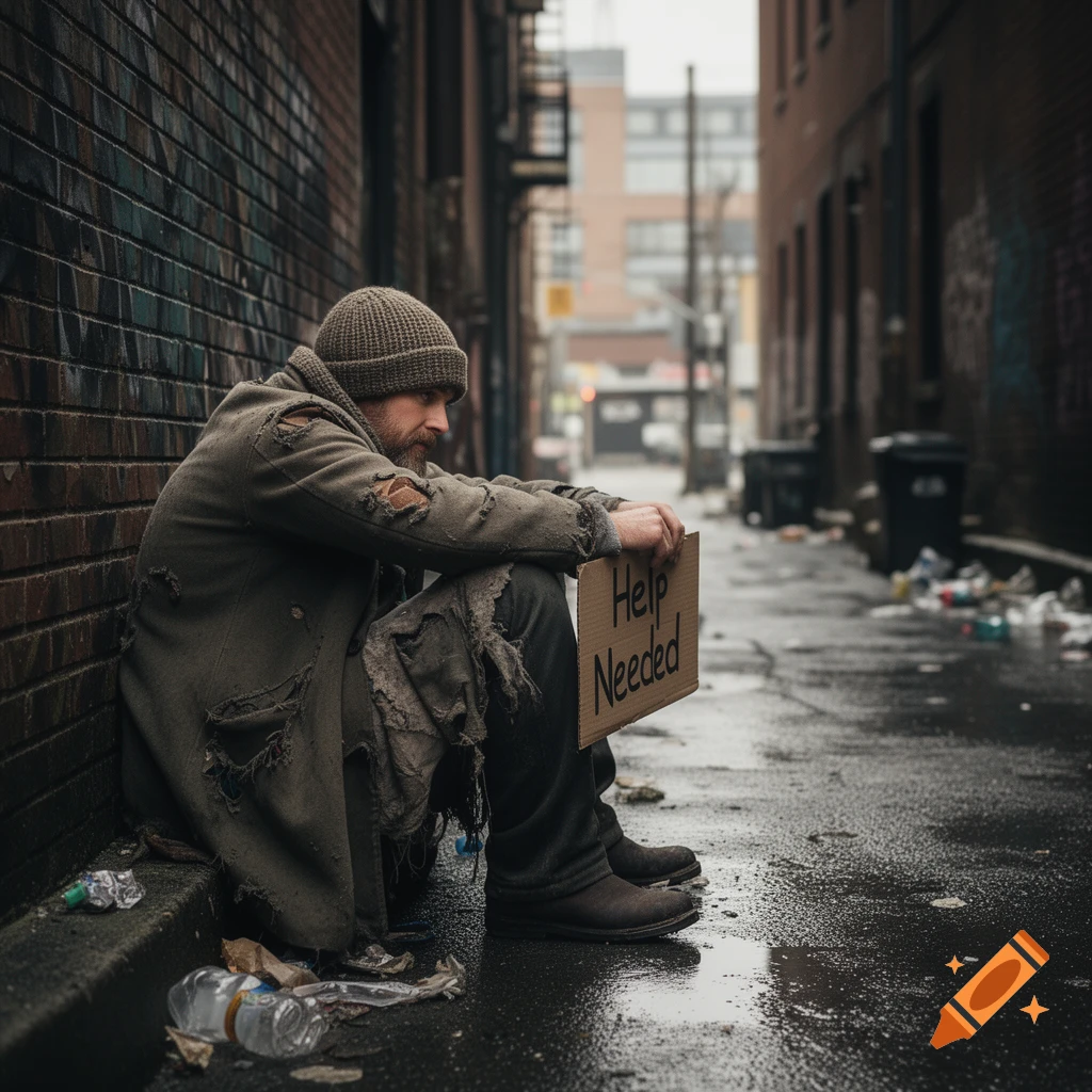 Photorealistic image of a man in ragged clothes and a beanie sitting on a wet curb in a dirty urban alley, holding a "Help Needed" sign.