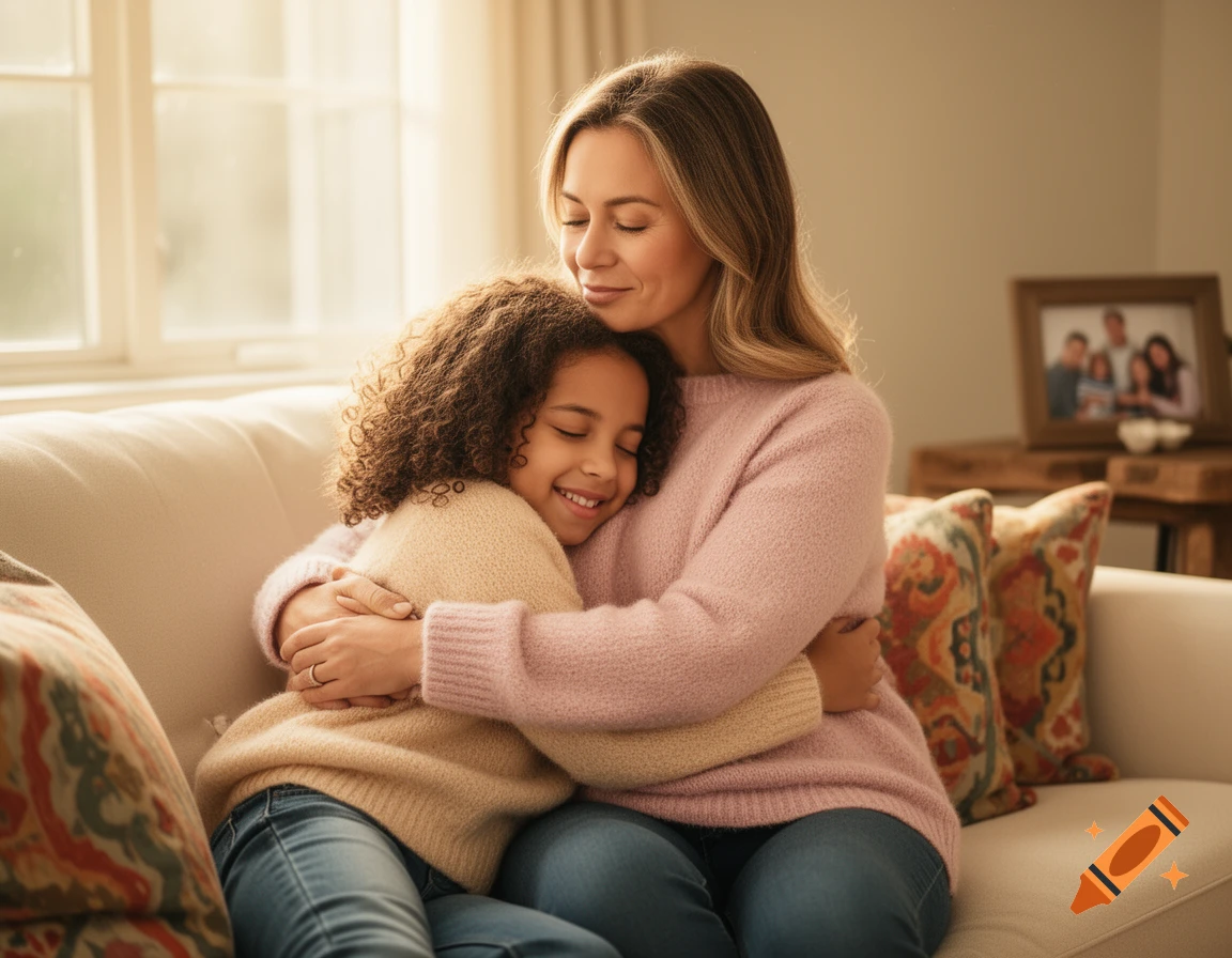 Mother and daughter hugging on a couch in a warm, sunlit living room.