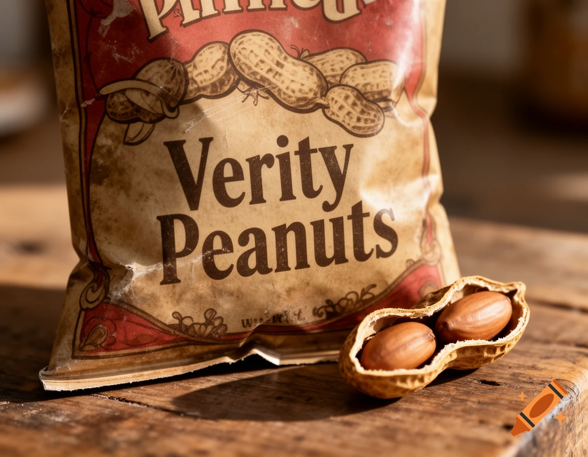 A close-up shot of a rustic bag of 'Verity Peanuts' with an opened peanut shell and two peanuts on a wooden surface.