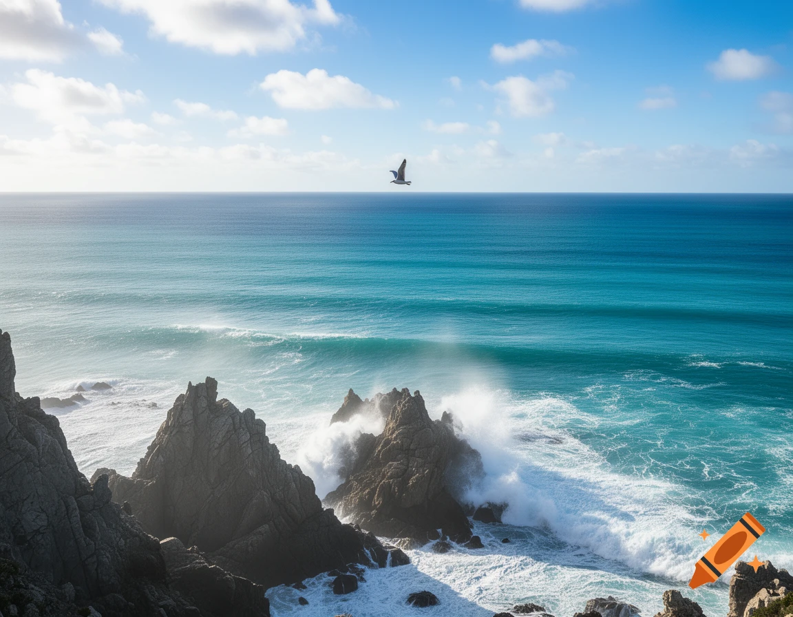 Photorealistic seascape with crashing waves against dark rocks, a bright blue ocean extending to the horizon, and a bird flying under a partly cloudy sky.